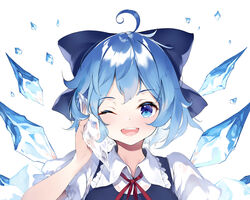  ahoge arm_up blue_bow blue_dress blue_eyes blue_hair blush bow cirno collared_shirt commentary_request derivative_work dress female guppy-sunstrider hairbow happy highres ice ice_wings ke-ta looking_at_viewer neck_ribbon one_eye_closed pinafore_dress puffy_short_sleeves puffy_sleeves red_ribbon ribbon shirt short_hair short_sleeves simple_background sleeveless sleeveless_dress solo teeth touhou upper_body upper_teeth_only white_background wing_collar wings 