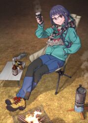  aged_up backpacking_stove bonfire bottle brown_eyes chair clip_studio_paint_(medium) commentary female fire folding_chair folding_table food frying_pan glasses grass hand_in_pocket highres jacket kobu_ride long_hair looking_at_viewer oogaki_chiaki outdoors pants portable_stove purple_hair scarf sitting solo steam table yurucamp yurucamp_movie 