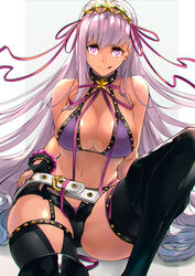  bare_shoulders bb_(fate) bb_(swimsuit_mooncancer)_(fate) bb_(swimsuit_mooncancer)_(second_ascension)_(fate) bead_bracelet beads belt bikini black_gloves black_shorts black_thighhighs border bracelet breasts cleavage closed_mouth collarbone fate/grand_order fate_(series) female fingerless_gloves gloves grey_background gyaru hair_ornament hair_ribbon hairband highres jewelry knee_up large_breasts licking_lips long_hair looking_at_viewer micro_shorts mille_(dieci) navel neck_ribbon purple_bikini purple_eyes purple_hair purple_ribbon ribbon shorts simple_background sitting smile solo star_(symbol) star_hair_ornament studded_garter_belt swimsuit tan thighhighs thighs tongue tongue_out very_long_hair white_belt white_border 