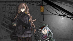  2girls assault_rifle black_jacket black_pantyhose blush brown_hair drooling g11_(girls&#039;_frontline) girls&#039;_frontline grey_hair gun h&amp;k_g11 h&amp;k_ump hair_ornament hat highres holding holding_weapon jacket logo long_hair looking_to_the_side multiple_girls nose_bubble one_side_up pantyhose pleated_skirt rifle ryan292989 scarf shadow sitting skirt sleeping smoke_grenade sparks submachine_gun switch tied_hair ump45_(girls&#039;_frontline) ump45_(winter_journey)_(girls&#039;_frontline) wall weapon wire 