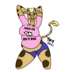  1:1 anthro blonde_hair blue_bottomwear blue_clothing bottomwear bovid bovine brown_body brown_skin brown_spots clothed clothing female fully_clothed hair hands_behind_head hi_res horn kneeling looking_at_viewer mammal marie_(tackykat) meme midriff overweight overweight_anthro overweight_female pink_clothing pink_topwear pose simple_background smile solo spots tackykat topwear twintails 