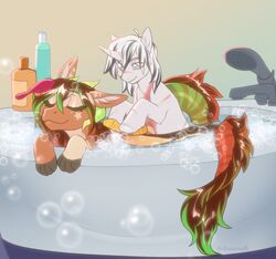  absurd_res bathing bathtub bottle brush brushing bubble chimera closed_eyes container draconequus duo equid equine female feral hasbro helemaranth hi_res horn male mammal my_little_pony mythological_creature mythological_equine mythology scrubbing shampoo suds unicorn yiazmat 