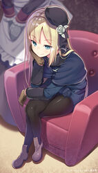  2girls black_headwear black_legwear blonde_hair blush boots brown_footwear brown_gloves chair commentary_request crossed_legs dress fate/grand_order fate_(series) flower fur_trim gloves golem green_eyes hair_flower hair_ornament hat highres indoors long_hair long_sleeves looking_at_viewer lord_el-melloi_ii_case_files maid multiple_girls nozomi_tsubame pantyhose reines_el-melloi_archisorte shawl sitting smile trimmau_(fate) 