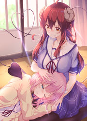  2girls absurdres ahoge bad_id bad_pixiv_id blue_eyes blush breast_rest breasts breasts_on_head chiyoda_momo commentary couple curtains demon_girl demon_horns demon_tail hair_ornament hairclip hand_on_another&#039;s_head happy heart heart_tail highres holding_hands horns indoors lap_pillow large_breasts long_hair long_tail machikado_mazoku medium_hair multiple_girls numpopo pink_hair prehensile_tail red_hair school_uniform seiza sitting skirt sleepy smile sunlight sweater tail tatami tree window yellow_eyes yoshida_yuuko_(machikado_mazoku) yuri 