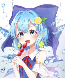  absurdres ametama_(runarunaruta5656) bad_id bad_pixiv_id bare_shoulders blue_dress blue_eyes blue_hair blue_ribbon blue_shirt blush bow cirno collarbone collared_shirt detached_sleeves dress female food food-themed_hair_ornament food_on_head fruit fruit_on_head hair_ornament hairbow highres holding holding_food ice ice_wings leaf lemon lemon_hair_ornament lime_(fruit) lime_earrings lime_slice object_on_head open_mouth red_bow red_ribbon ribbon shirt short_hair strawberry tanghulu touhou upper_body water_drop wing_collar wings 