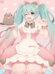  2022 blue_eyes blue_hair blush bow_tie clothing colored_fingernails colored_nails dessert domestic_cat doughnut dress duo felid feline felis female feral fingernails food gomicake gradient_hair hair hatsune_miku heart_symbol hi_res holding_object human human_focus mammal nails not_furry_focus one_eye_closed open_mouth pastry pink_clothing pink_dress pink_hair portrait pusheen sitting smile solo_focus standing three-quarter_portrait tray vocaloid waitress_uniform wink 