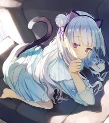  all_fours animal_ears bad_feet barefoot bloom blue_dress blue_hair blunt_bangs blush cat_ears cat_girl cat_tail closed_mouth commentary_request couch double_bun dress dutch_angle fake_animal_ears female hair_bun hair_ribbon indoors kamizaki_hibana light_blue_hair light_smile long_hair looking_at_viewer maid_girl_(kamizaki_hibana) original panties paw_pose purple_eyes purple_ribbon ribbon solo tail underwear white_panties 