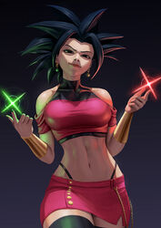  black_eyes black_hair closed_mouth crop_top dark_background dragon_ball dragon_ball_super earrings energy_ball female jewelry kefla_(dragon_ball) long_hair looking_at_viewer midriff navel potara_earrings saiyan simple_background spiked_hair toned vambraces zetman92 