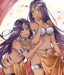  2girls armlet armor bad_id bad_twitter_id bikini bikini_armor bikini_top_only blush bracelet breasts brown_eyes choker circlet cleavage cosplay dancer&#039;s_costume_(dq) dark-skinned_female dark_skin dragon_quest dragon_quest_iv earrings forehead_jewel gem green_gemstone harunatsu_(tunakan0506_sub) highres jewelry loincloth loincloth_lift long_hair looking_at_another manya_(dq4) manya_(dq4)_(cosplay) minea_(dq4) multiple_girls navel no_panties open_mouth pelvic_curtain purple_hair siblings sisters smile surprised sweat swimsuit twins 