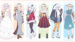  absurdres akitokage alternate_costume american_flag anastasia_(fate) anastasia_(festival_outfit)_(fate) anastasia_(shvibzik_snow)_(fate) anastasia_(under_the_same_sky)_(fate) blue_eyes boots breasts doll dress fate/grand_order fate_(series) female fur_hat gloves grey_hair hairband hat highres hood hooded_coat large_breasts long_dress long_hair multiple_views pantyhose papakha skirt straw_hat striped_clothes striped_skirt viy_(fate) white_gloves 