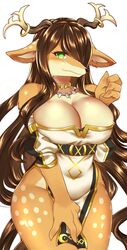  anthro areola better_version_at_source big_breasts breasts brown_body brown_fur brown_hair cernunnos_(full_bokko_heroes) clothed clothing cyberconnect2 drecom female female_focus full_bokko_heroes fur green_eyes hair hi_res horn huge_breasts jewelry kemono kimuchitei looking_at_viewer mammal ruri_tsubame solo solo_focus wide_hips 