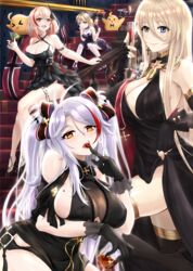  4girls absurdres aiguillette alcohol alt3r antenna_hair armlet azur_lane bare_shoulders bismarck_(azur_lane) bismarck_(beacon_of_the_iron_blood)_(azur_lane) black_dress black_gloves black_thighhighs blonde_hair blue_eyes blush bow bowtie breasts brown_eyes champagne_flute cherry cleavage clothes_lift clothing_cutout collarbone commentary cowboy_shot cross cross_earrings cup dress dress_lift drinking_glass earrings elbow_gloves evening_gown finger_to_mouth fingerless_gloves flower food fruit glint gloves grey_hair hair_between_eyes hair_ornament hair_ribbon hairbow half_gloves halter_dress halterneck hand_up headgear highres holding holding_cup holding_tray hurricane_glass indoors iron_cross jewelry large_breasts light_brown_hair long_hair looking_at_viewer manjuu_(azur_lane) mole mole_on_breast multicolored_bow multicolored_hair multiple_girls official_alternate_costume open_mouth prinz_eugen_(azur_lane) prinz_eugen_(cordial_cornflower)_(azur_lane) railing red_hair ribbon roon_(azur_lane) roon_(dark_red_grin)_(azur_lane) short_hair shoulder_cutout sidelocks sitting sleeveless smile stairs standing streaked_hair swept_bangs thighhighs thighlet tray two_side_up underboob underboob_cutout very_long_hair whiskey wine_glass z23_(azur_lane) z23_(the_banquet&#039;s_honor_student)_(azur_lane) 