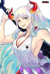  armpits artist_name blue_hair breasts chikoinochi club_(weapon) curled_horns earrings female highres holding holding_club holding_weapon hoop_earrings horns japanese_clothes jewelry kanabou large_breasts looking_at_viewer multicolored_hair one_piece oni oni_horns red_eyes red_horns rope shimenawa sideboob smile solo two-tone_hair upper_body weapon white_background white_hair yamato_(one_piece) 