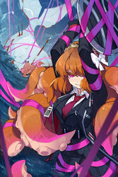  arm_shield arms_up black_jacket black_pants black_vest bow brown_hairband collared_shirt commentary commission e.g.o_(project_moon) female freckles grin hairband hairbow highres id_card ishmael_(project_moon) jacket limbus_company long_hair long_sleeves necktie ocean orange_hair pants pink_eyes pink_ribbon pink_shoes_(project_moon) project_moon rain red_necktie ribbon shiki_(shikki46) shirt skeb_commission smile solo tentacle_hair vest wading whale white_bow white_shirt 