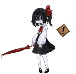  ! ascot black_footwear black_hair black_skirt blood blood_drip bow closed_mouth colored_skin cookie_(touhou) expressionless female flat_chest full_body hair_between_eyes hairbow holding holding_umbrella long_bangs looking_at_viewer mary_janes medium_hair ponytail red_ascot red_bow red_eyes red_umbrella shaded_face shirt shoes sign simple_background siyudi_(cookie) skirt sleeves_past_wrists solo sparseseethe standing suspender_skirt suspenders umbrella warning_sign white_background white_shirt white_skin 