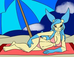  2016 4_toes 5_fingers anthro beach bikini blue_hair breasts brown_eyes c-section_scar clothing cloud feet female fingers generation_3_pokemon hair mammal minun muniversalarts nintendo olivia_(luircin) pokemon pokemon_(species) pokemorph pose rodent sand scar seaside sky solo swimwear toes towel umbrella 