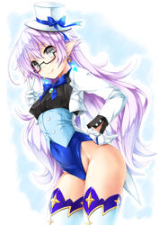  bespectacled black-framed_eyewear black_shirt blue_bow blue_leotard bow breasts brooch commentary_request commission covered_navel cropped_jacket earrings elsword female glasses gloves grey_eyes groin hair_between_eyes hand_up hat hat_bow highleg highleg_leotard highres jacket jewelry kamiya_tomoe leotard long_hair long_sleeves luciela_r._sourcream mini_hat mini_top_hat open_clothes open_jacket pixiv_commission pointy_ears purple_hair semi-rimless_eyewear shirt small_breasts solo thighhighs tilted_headwear top_hat under-rim_eyewear v very_long_hair white_gloves white_hat white_jacket white_thighhighs 