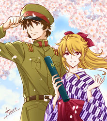  1boy alternate_costume belt belt_buckle black_belt blonde_hair bow brown_eyes brown_hair buckle cherry_blossoms dated female floating_hair flower green_headwear green_jacket grin hair_between_eyes hairbow hat holding imperial_japanese_army jacket japanese_clothes kimono kodai_susumu long_hair long_sleeves looking_at_viewer military_hat military_jacket mori_yuki print_kimono red_bow signature smile uchuu_senkan_yamato white_flower yagasuri yokon2199 