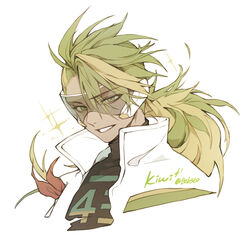  1boy armband bebseo black_shirt blonde_hair character_name commentary_request cookie_run cropped_shoulders diffraction_spikes eyes_visible_through_hair floating_hair goggles green_eyes green_hair grin highres humanization jacket kiwi_cookie korean_commentary long_hair male_focus multicolored_hair ponytail portrait shirt simple_background smile solo turtleneck twitter_username two-tone_hair white_background white_jacket 