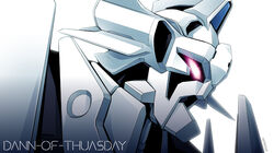  artist_name character_name dann_of_thursday from_side glowing glowing_eye gunxsword leaning_forward looking_ahead matayoshi_(nopple_1000) mecha no_humans pink_eyes robot solo 