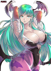  animal_print armpits arms_behind_head arms_up artist_name bare_shoulders bat_print bat_wings black_leotard blunt_bangs breasts bridal_gauntlets chikoinochi cleavage clothing_cutout collarbone cropped_legs demon_girl demon_wings elbow_gloves feather_trim female gloves green_hair head_wings heart_cutout highleg highleg_leotard highres large_breasts leotard long_hair looking_at_viewer low_wings morrigan_aensland orange_gloves pantyhose parted_lips print_pantyhose solo strapless strapless_leotard vampire vampire_(game) white_background wings yellow_eyes 