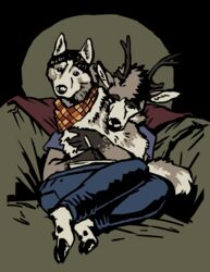  absurd_res anthro canid canine canis cervine cuddling deer domestic_dog drawing drawing_tablet duo electronics feral fluffy fur grey_body grey_fur hi_res husky kobin_(character) male mammal momamo nordic_sled_dog sitting spitz 