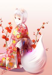  alternate_costume animal_ear_fluff animal_ears female floral_print flower fudo_shin gradient_background grin highres japanese_clothes kimono kneeling long_hair looking_at_viewer looking_back myuri_(spice_and_wolf) pink_background print_kimono red_eyes red_flower shinsetsu_spice_and_wolf signature sitting smile solo spice_and_wolf tail very_long_hair white_background white_hair wolf_ears wolf_tail 