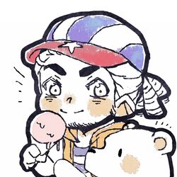  alternate_costume axis_powers_hetalia bear chibi cuba_(hetalia) cuban_flag dreadlocks facial_hair flag_print food hat ice_cream kumajirou_(hetalia) looking_at_another marizayo polar_bear print_headwear reaching shirt striped_clothes striped_shirt stubble thick_eyebrows 