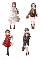  4girls :d bag black_choker black_footwear black_headwear black_pantyhose black_ribbon black_shorts black_socks blonde_hair blue_eyes bow bowtie brown_eyes brown_footwear brown_hair brown_jacket choker closed_mouth collarbone copyright_name dress dress_shirt floating_hair full_body hair_ribbon handbag highres hood hood_down hooded_sweater iijima_yun jacket jewelry lineup long_dress long_hair long_sleeves looking_at_viewer medium_dress multiple_girls new_game! official_art open_clothes open_jacket open_mouth page_number pantyhose pendant print_dress print_jacket print_shorts purple_hair red_dress red_headwear red_shorts ribbon see-through shinoda_hajime shirt short_hair short_shorts short_sleeves shorts simple_background smile socks standing suzukaze_aoba sweater takimoto_hifumi tokunou_shoutarou twintails very_long_hair white_background white_dress white_shirt white_sweater yellow_bow yellow_bowtie 