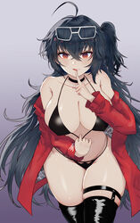  :q absurdres ahoge azur_lane bikini bikini_pull black_bikini black_choker black_hair black_thighhighs breasts choker clothes_pull clothes_writing collarbone eyewear_on_head female finger_to_mouth glasses gradient_background hair_between_eyes halterneck highres index_finger_raised jacket kongbai_huanxiang large_breasts leaning_forward long_hair long_sleeves off_shoulder official_alternate_costume one_side_up open_clothes open_jacket parted_lips photoshop_(medium) pulling_own_clothes purple_background race_queen red_eyes red_jacket skindentation smile solo swimsuit taihou_(azur_lane) taihou_(enraptured_companion)_(azur_lane) thigh_strap thighhighs tongue tongue_out very_long_hair white-framed_eyewear 