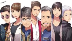  2girls 5boys adachi_koichi beard black_eyes black_hair black_jacket black_shirt blue_jacket brown_hair closed_mouth collarbone column_lineup facial_hair fur_collar glasses goatee grey_hair hair_slicked_back han_joon-gi hood hood_down jacket jewelry kamataki_eri kasuga_ichiban long_hair moustache mukoda_saeko multiple_boys multiple_girls mutarou_(mu) nanba_yu necklace one_eye_closed open_mouth partially_unbuttoned red_jacket round_eyewear ryuu_ga_gotoku_(series) ryuu_ga_gotoku_7 shirt short_hair simple_background smile sunglasses upper_body white_background white_hair white_jacket white_shirt zhao_tianyou 