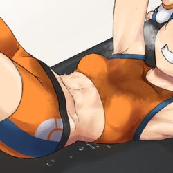  armpits arms_up battle_girl_(pokemon) bench blue_hair breasts breath clenched_teeth close-up commission crop_top dripping exercising female fingerless_gloves gloves heavy_breathing highres lying midriff on_back on_bench orange_sports_bra pokemon pokemon_oras simple_background small_breasts sports_bra sportswear stain stained_clothes steam sweat sweaty_clothes teeth training translation_request very_sweaty white_background yachi_(fujiyasu0616) 