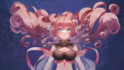  blue_eyes breasts chiro_(chi-bu-ko) cleavage_cutout clothing_cutout curly_hair double_bun earrings eme_mercion female floating_hair gem hair_bun hair_focus hair_spread_out highres jewelry large_breasts long_hair looking_at_viewer midriff original pink_hair solo sparkle starry_background virtual_youtuber 