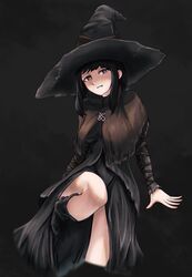  black_background black_dress black_eyes black_footwear black_hair black_hat boots breasts capelet character_request check_character cropped_legs dark_souls_(series) dark_souls_iii dress feet_out_of_frame female haonfest hat highres karla_(dark_souls_3) long_hair long_sleeves looking_at_viewer medium_breasts sidelocks smile solo torn_clothes witch_hat 