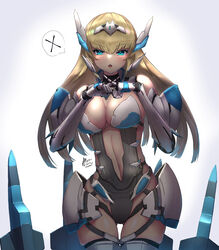  android blonde_hair blue_eyes breasts chestnut_mouth commentary_request di_allez_series female highres large_breasts long_hair mecha_musume nandarobium navel phantasy_star phantasy_star_online_2 phantasy_star_online_2_new_genesis solo very_long_hair x_fingers 