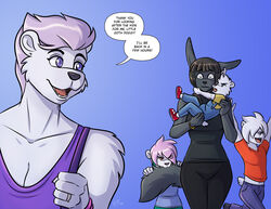  anthro anubian_jackal bear canid canine canis clothed clothing conditional_dnp dialogue digital_media_(artwork) english_text female group jackal kadath lolicon male mammal mature_anthro mature_female nightshade_(kadath) open_mouth shaded smile standing text vera_korzynski young 