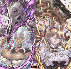  2girls absurdres animal_ears artist_name bare_shoulders breasts brooch brown_hair chikoinochi cleavage clenched_teeth closed_eyes closed_mouth dark-skinned_female dark_skin demon_girl demon_horns detached_sleeves dragon elbow_gloves extra_ears eyelashes fediel_(granblue_fantasy) frilled_sleeves frills galleon_(granblue_fantasy) gem gloves gold_trim granblue_fantasy hair_between_eyes hair_ornament hand_on_own_chest highres horns jewelry large_breasts long_hair multicolored_hair multiple_girls open_mouth pink_eyes pointy_ears skeleton smile streaked_hair teeth upper_body v-shaped_eyebrows weapon white_gloves white_hair 