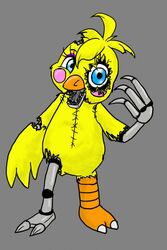  animatronic anthro avian beak bird chica_(fnaf) chicken claws damage exposed_endoskeleton female five_nights_at_freddy&#039;s five_nights_at_freddy&#039;s_2 galliform gallus_(genus) hi_res machine metal notched_wings phasianid pink_cheeks robot scottgames sheered_molly simple_background solo wings yellow_body 