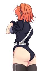  adapted_costume ass belt black_gloves black_leotard black_thighhighs commentary_request fate/grand_order fate_(series) female from_behind fujimaru_ritsuka_(female) fujimaru_ritsuka_(female)_(polar_chaldea_uniform) gloves leotard medium_hair nm222 orange_hair short_sleeves side_ponytail simple_background solo thighhighs white_background 