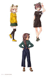  3girls :d ahagon_umiko animal_ears arm_up arms_behind_back black_dress black_legwear blonde_hair blue_bow blue_eyes blue_pants bow braid brown_eyes brown_hair camouflage_footwear closed_mouth copyright_name dress fake_animal_ears green_shirt green_skirt hair_over_shoulder hands_on_own_hips highres hood hood_down hooded_jacket iijima_yun jacket long_hair looking_at_viewer miniskirt mouse_ears multiple_girls new_game! official_art open_mouth page_number pants plaid plaid_skirt pleated_skirt shinoda_hajime shirt short_dress short_hair simple_background single_braid skirt smile standing thighhighs tokunou_shoutarou v white_background yellow_footwear yellow_jacket zettai_ryouiki 