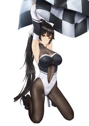  absurdres animal_ears armpits arms_up azur_lane bare_shoulders bbdaoa_(1446759744) black_footwear black_hair blush bodystocking bow breasts brown_eyes checkered_flag cleavage closed_mouth covered_navel elbow_gloves female fingerless_gloves flag floppy_ears gloves hairbow highres large_breasts leotard light_frown linea_alba long_hair looking_at_viewer official_alternate_costume photoshop_(medium) ponytail race_queen raised_eyebrows revealing_clothes shoes simple_background sitting solo takao_(azur_lane) takao_(full_throttle_charmer)_(azur_lane) taut_bodystocking taut_clothes very_long_hair white_background white_bow 