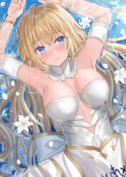  armpits arms_up bare_shoulders blonde_hair blue_eyes blush breasts cleavage detached_collar dress fate/grand_order fate_(series) female flower highres jeanne_d&#039;arc_(fate) jeanne_d&#039;arc_(lostroom_outfit)_(fate) kazama_(akki12) large_breasts long_hair looking_at_viewer lying on_back partially_submerged revision solo very_long_hair water wet white_dress 