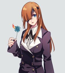  black_jacket blue_eyes blue_flower brown_hair eyepatch fate/grand_order fate_(series) female fire floating_hair flower grey_background hair_over_one_eye head_tilt holding holding_flower jacket long_hair long_sleeves looking_at_viewer nm222 open_mouth ophelia_phamrsolone simple_background solo standing upper_body very_long_hair 