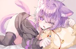  absurdres ahoge animal_ear_fluff animal_ears black_sweater black_thighhighs blush cat_ears cat_girl cat_tail eyes_visible_through_hair female highres hololive hugging_object inugami_korone inugami_korone_(dog) kithera looking_at_viewer lying medium_hair nekomata_okayu nekomata_okayu_(1st_costume) oerba_yun_fang off_shoulder one_eye_closed open_mouth panties purple_eyes purple_hair sleepy solo stuffed_animal stuffed_toy sweater tail tail_raised tears thighhighs thighs underwear virtual_youtuber 