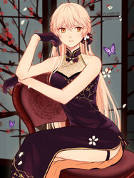  arm_up artist_name black_dress black_gloves blonde_hair breasts chair china_dress chinese_clothes dated dress earrings feet_out_of_frame female girls&#039;_frontline gloves hair_ribbon highres jewelry long_hair looking_at_viewer medium_breasts official_alternate_costume open_mouth ots-14_(girls&#039;_frontline) ots-14_(sangria_succulent)_(girls&#039;_frontline) parted_lips ribbon simple_background sitting solo thighs very_long_hair yellow_eyes zhuge_zhuge_qian 