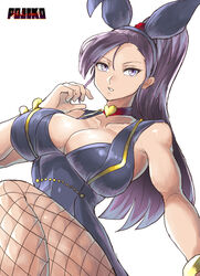  animal_ears artist_name black_leotard blush bracelet breasts chikoinochi choker cleavage collarbone commentary dragon_quest dragon_quest_xi fake_animal_ears female fishnet_pantyhose fishnets heart heart_choker high_heels highres jewelry large_breasts leotard lips long_hair martina_(dq11) pantyhose parted_lips playboy_bunny ponytail purple_hair rabbit_ears rabbit_tail solo tail vest yellow_eyes 