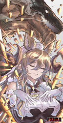  absurdres animal_ears artist_name bare_shoulders breasts brown_hair chikoinochi closed_eyes closed_mouth detached_sleeves dragon elbow_gloves extra_ears female frilled_sleeves frills galleon_(granblue_fantasy) gloves granblue_fantasy hair_between_eyes hair_ornament hand_on_own_chest highres horns large_breasts long_hair multicolored_hair pointy_ears smile streaked_hair weapon white_gloves 