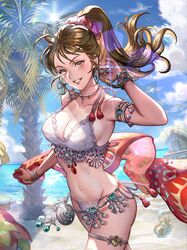  artist_request beach breasts brown_eyes brown_hair cleavage cloud ellen_carson female hair_ornament imperial_saga jewelry long_hair looking_at_viewer ocean official_alternate_costume official_art outdoors palm_tree ponytail romancing_saga_3 saga smile solo swimsuit third-party_source tree 