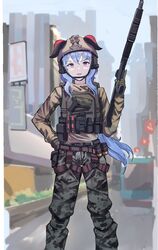  absurdres battle_dress_uniform blue_hair blurry blurry_background building camouflage camouflage_pants city commentary commission feet_out_of_frame female ganyu_(genshin_impact) gar32 genshin_impact gun hand_on_own_hip hand_up handgun helmet highres holstered horns horns_through_headwear long_hair long_sleeves military military_uniform oerba_yun_fang open_mouth outdoors pants purple_eyes shotgun sidelocks sign skin_fang skyscraper solo straight-on tactical_clothes uniform very_long_hair weapon 