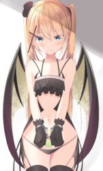  ass_visible_through_thighs bare_arms bare_shoulders black_gloves black_panties black_thighhighs blonde_hair blue_eyes blush bondage bound bound_wrists closed_mouth collarbone commentary_request cowboy_shot cross cross_hair_ornament cuffs demon_girl demon_wings doyachii female frown gloves hair_ornament handcuffs highres latin_cross lingerie long_hair looking_at_viewer navel original panties pubic_tattoo restrained sidelocks solo standing tattoo thighhighs thighs twintails underwear wings 